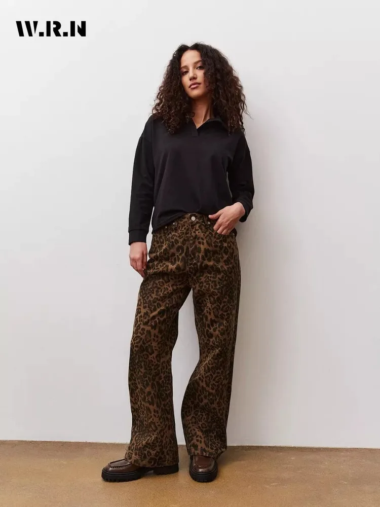 

Винтажные джинсы в стиле 90-х с леопардовым принтом, женские Мешковатые Свободные повседневные брюки для девушек, прямые джинсы с высокой талией, уличная одежда, Y2K, 2024