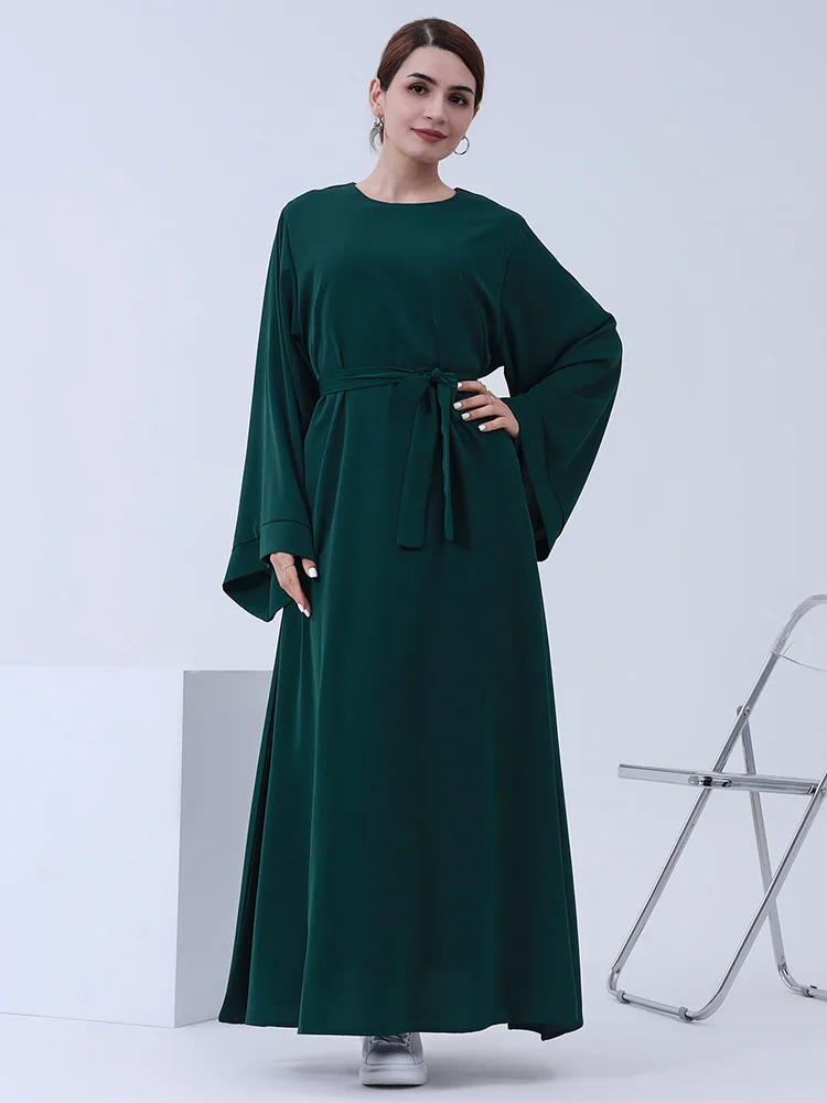 

Saudi Arab Solid Casual Loose Long Sleeve O-Neck Abaya With Sashes Jalabiyat Moroccan Kaftan For Women Turkish Islamic Clothing