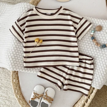 Summer Baby Clothes Beige Color Boys Striped T-shirt Shorts Set Breathable Girls Vest Short Sleeved Shorts Set 0-3Years 1