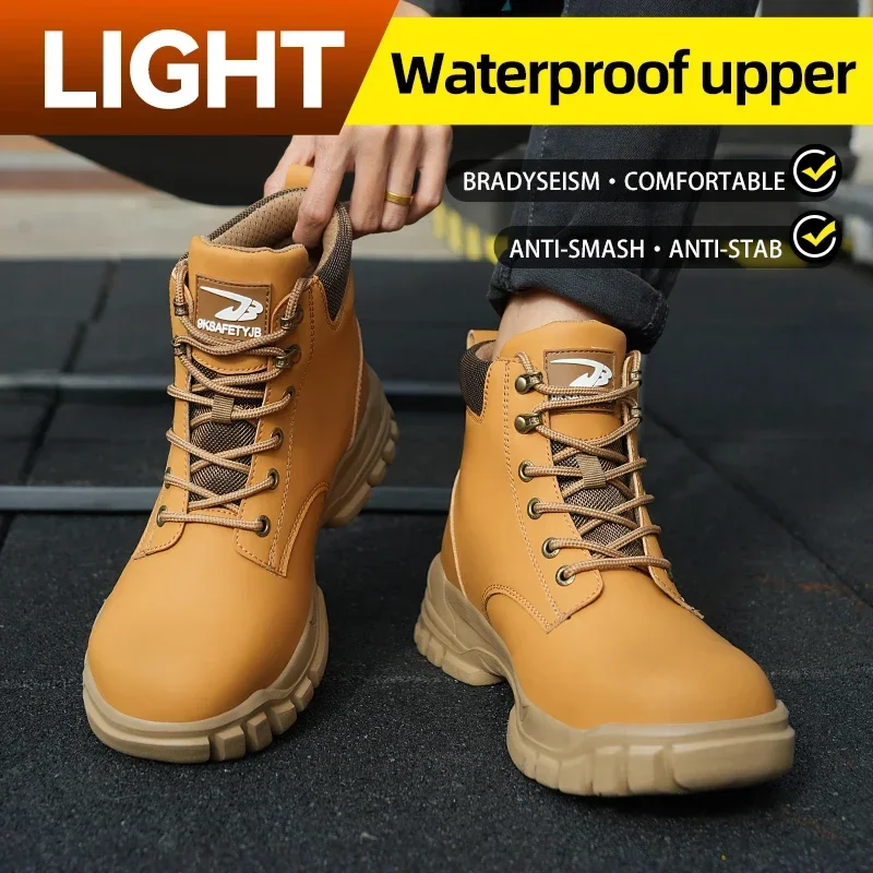 2024 New Anti-smash Work Safety Boots for Men, Steel Toe Shoes, Puncture-proof, Indestructible, Waterproof Sneakers Brown Boots