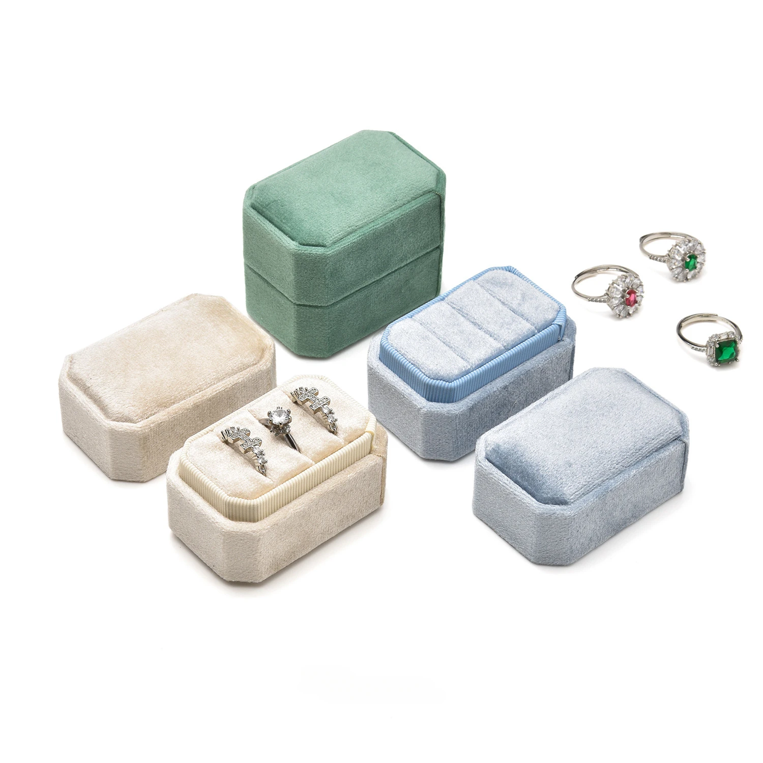 

Velvet Double Ring Box Wedding Ceremony Ring Box with Detachable Lid 3 Compartment Ear Studs Holder Case