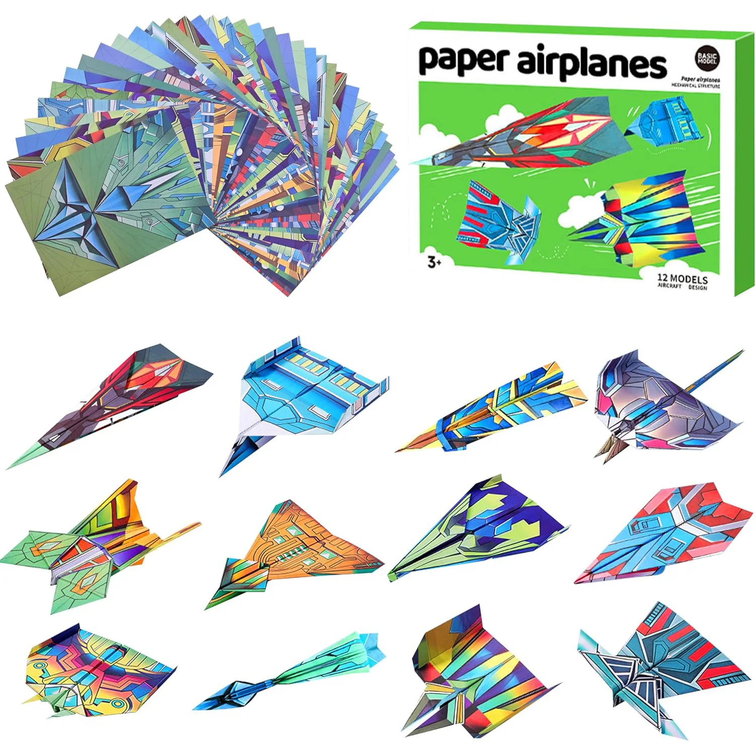 12 Styles Paper Airplane Kit Colorful Origami Paper Handmade Craft Plane Gift For Students Boys Girls