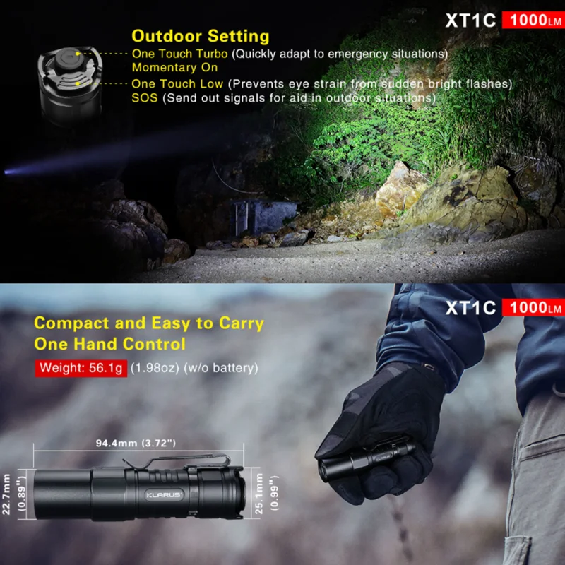 KLARUS XT1C 전술 손전등 XP-L HD V6 최대 1000 루멘 EDC 라이트 듀얼 스위치 토치 마이크로 USB 충전 16340 리튬 이온 배터리