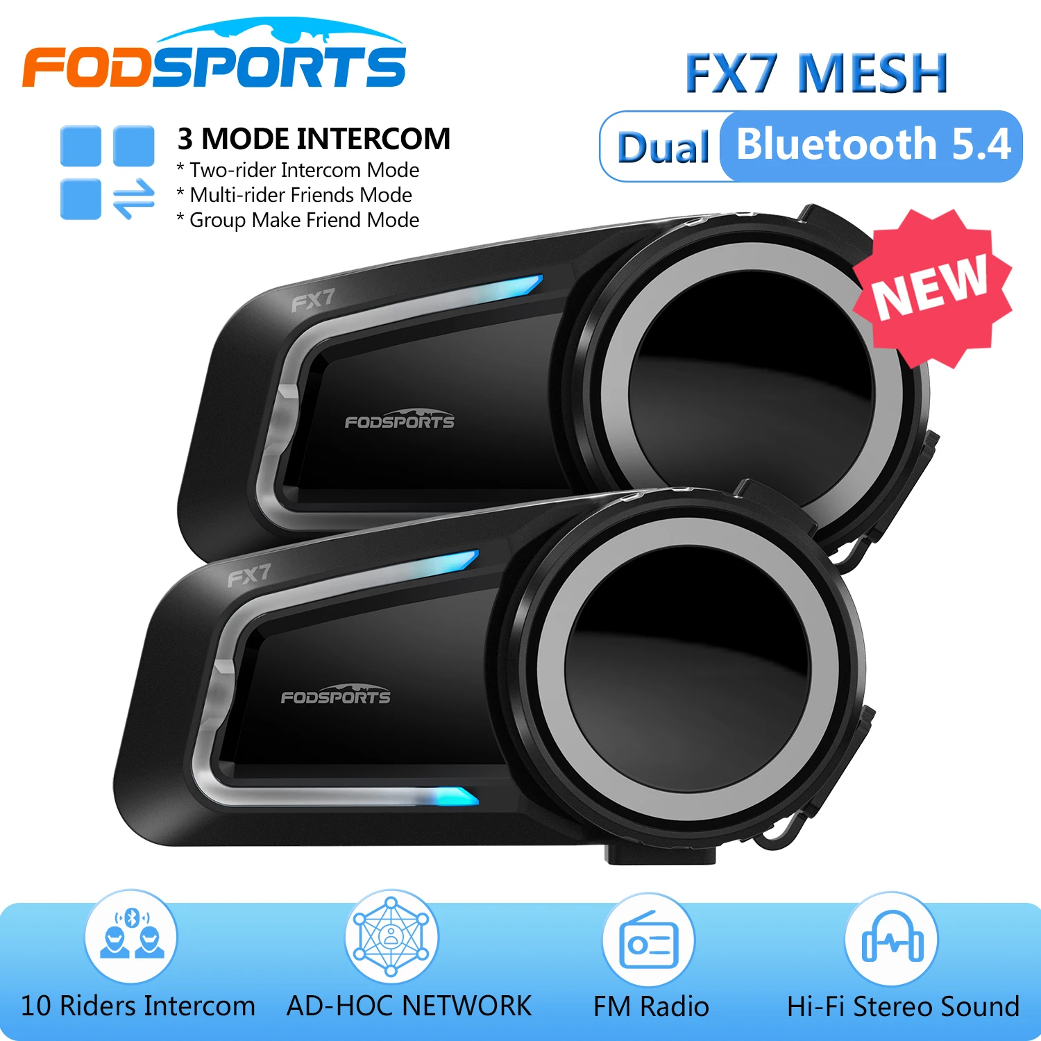 2 uds Fodsports FX7 Intercomunicador de malla auriculares para casco de motocicleta Dual Bluetooth 5,4 interfono para Moto, 10 conductores 2000M, Radio FM