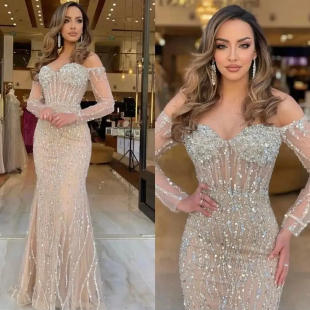 

Giyu Sparkly Champagne Mermaid Evening Dresses Dubai Arabic Women Glitter Off Shoulder Long Sleeves Prom Gowns Formal Occasion