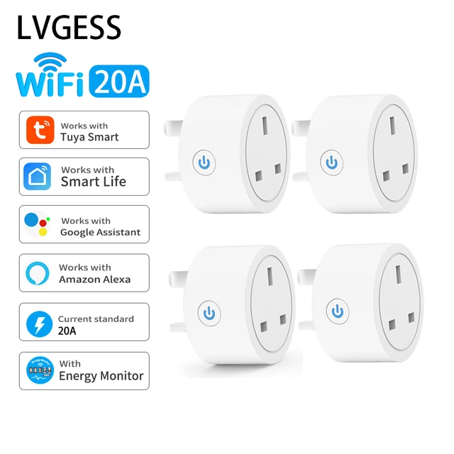 20A Tuya สมาร์ทซ็อกเก็ต WiFi UK ปลั๊ก 3pin อะแดปเตอร์ Home Alexa Voice Control Energy Monitoring ฟังก์ชั่นจับเวลา Power Outlet ชุด 1