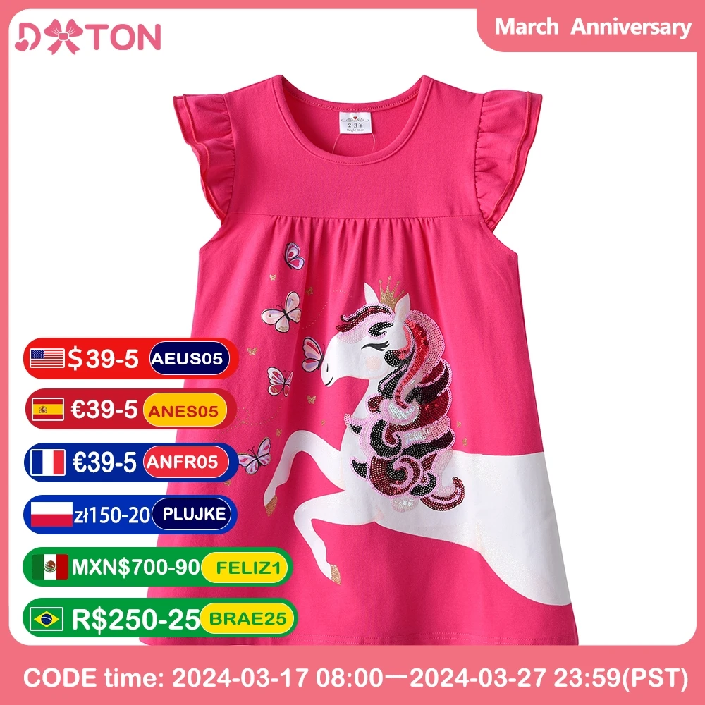 

DXTON Girls Flare Sleeve Summer Dress Kids Unicorn Appliqued Straight Cotton Dress Infant Licorne Vestidos Children Costumes