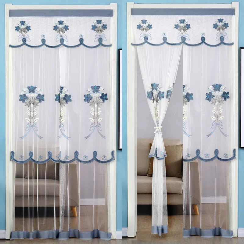 thumbnail image 1 of Cortinas de puerta bordadas con encaje de malla, sin perforaciones, de doble capa, transparentes, con borde ondulado, decorativas, de media cortina, 1 of 5