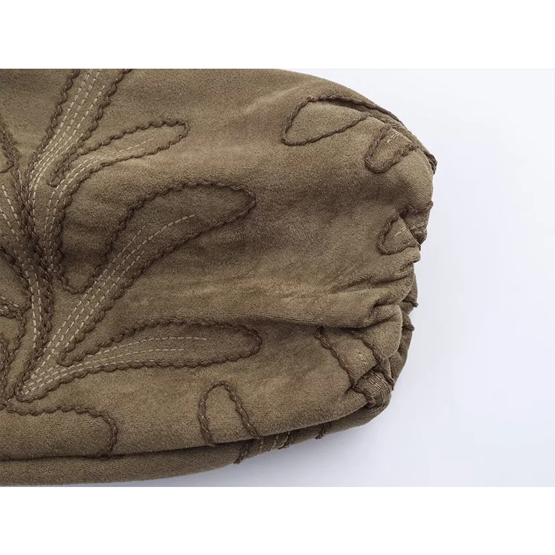 2025 Women Autumn Fashion Suede Embroidery Jacket Front Zipper Loose Bomber Jackets Coat Casual Long Sleeve Commuting Outerwear