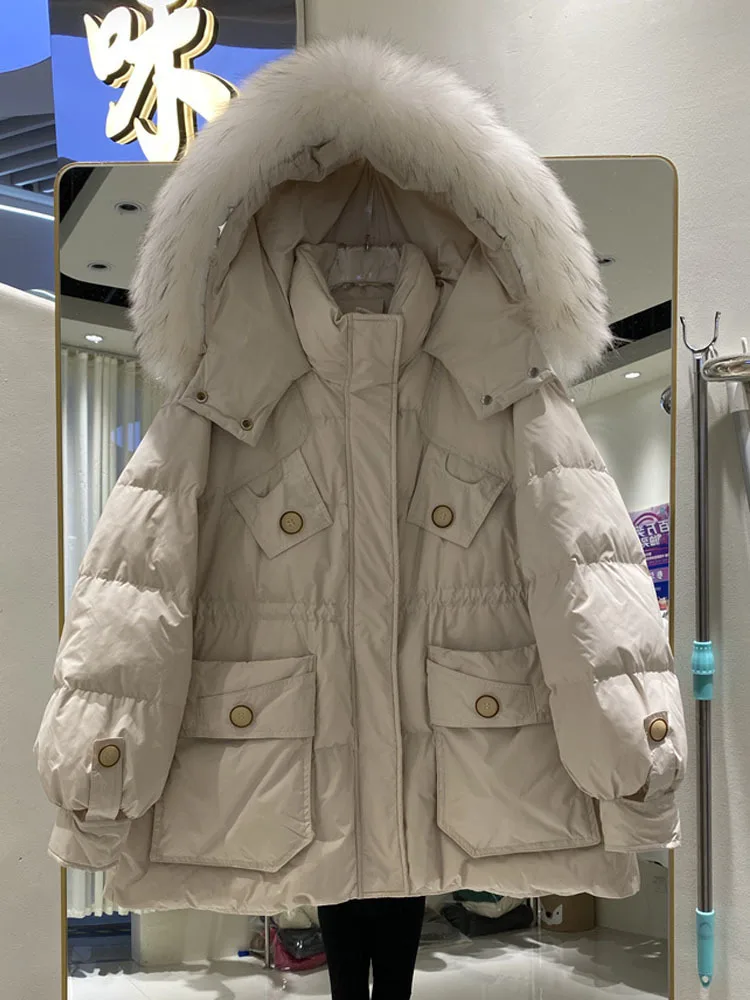 

Женская зимняя Толстая теплая пуховая куртка средней длины на белом утином пуху, Женская свободная парка с капюшоном и натуральным мехом енота, 2023