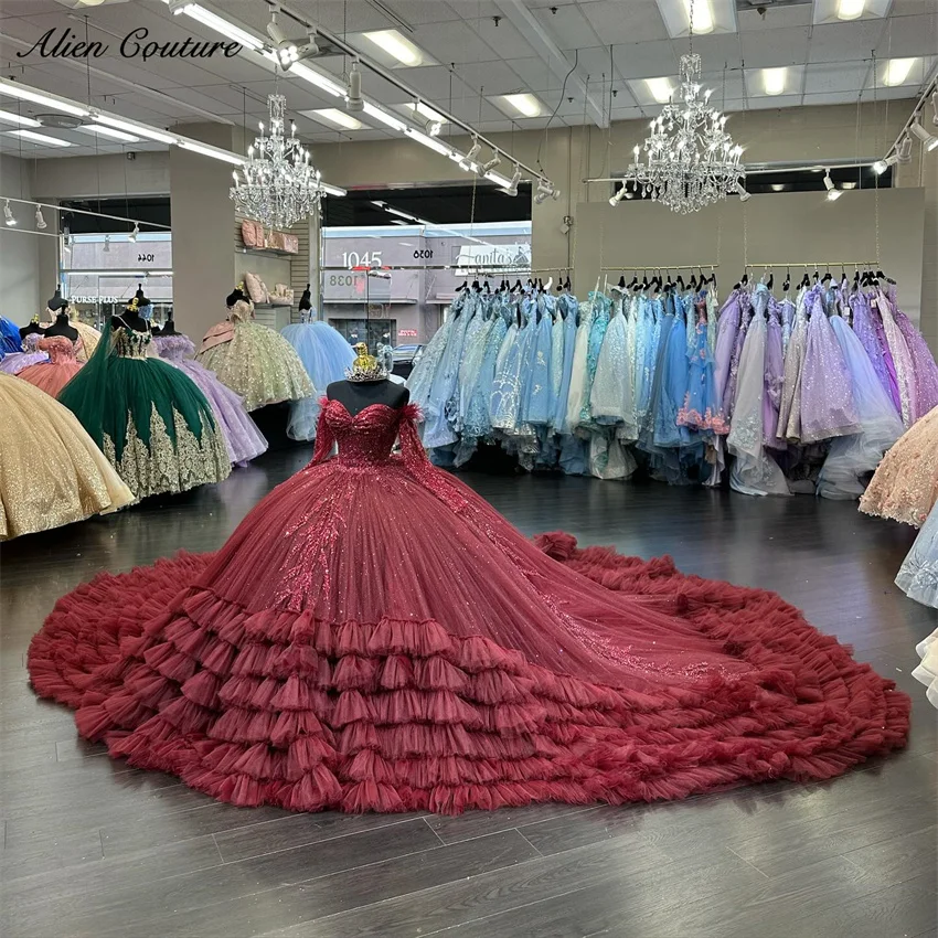 Sparkly Wine Red Princess Quinceanera Dress Long Sleeves Appliques Beads Ruffle Sweet 16 Dress Ball Gown Court Train Customized