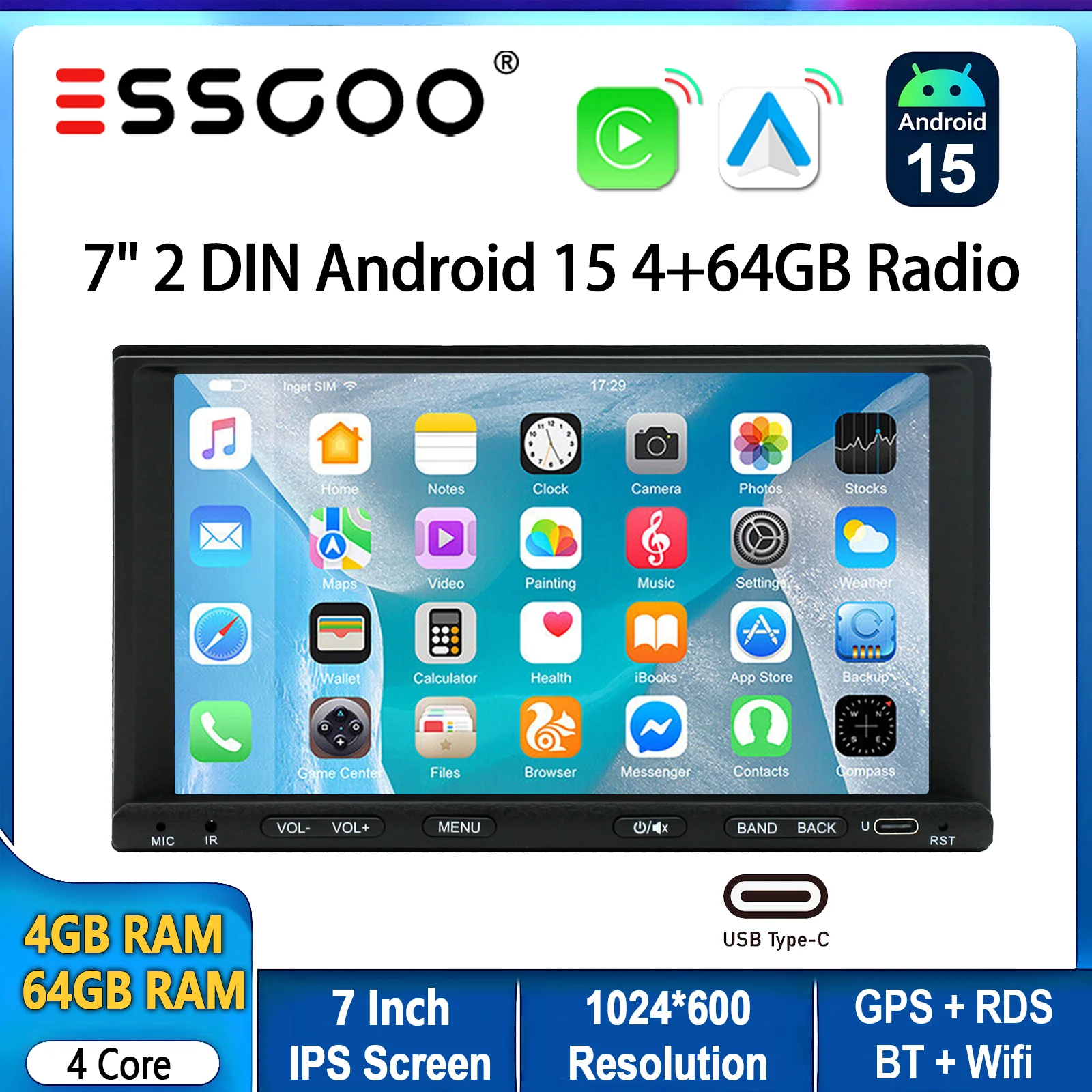 ESSGOO 7" Universal Double 2DIN Android 15 64G Wireless Carplay Android Auto Car Stereo Radio GPS Navi USB Type C FM BT SWC Wifi