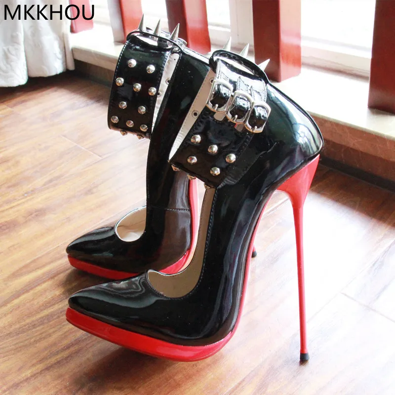 

MKKHOU Fashion Pumps New Pointed Toe Stiletto 16cm High Heel Shoes Ankle Buckle Strap Rivet Punk Style Modern Women Shoes