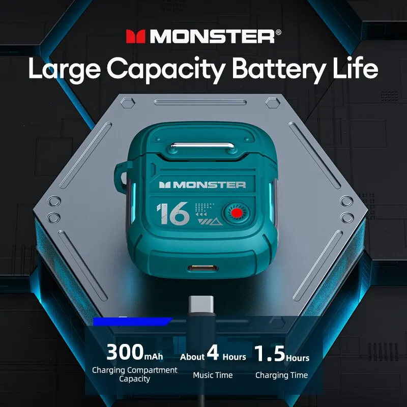 Monster XKT16 무선 이어폰, 블루투스 5.3 게임용 헤드셋, 하이파이 사운드, HD 통화 음악 이어버드, 터치 컨트롤 헤드폰, 듀얼 모드