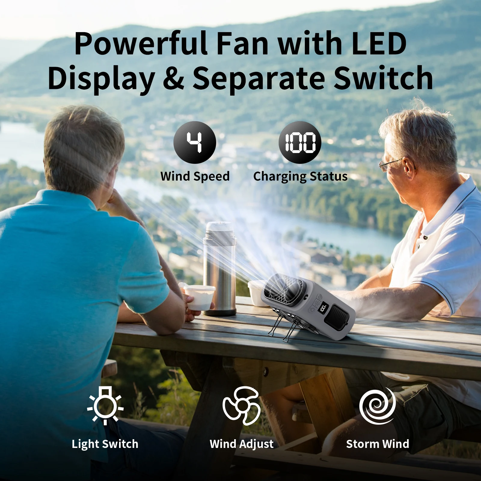 2025 Upgrades Outdoor Portable Waist Fan Hanging Neck Fan 5 Level Strong Wind Power Bank with LED Lighting for Travel Sports handheld fan,neck fan