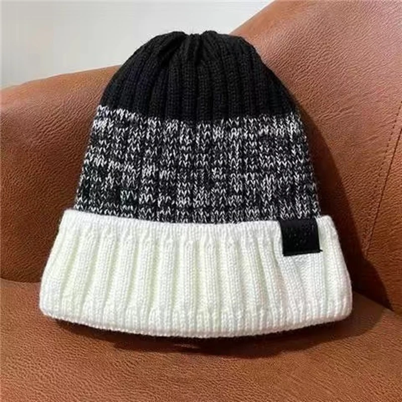 Unisex ColorBlock Winter Hats Add Fur Lined Men Women Keep Warm Beanie Cap Outdoor Decor Winter Knitted Hats