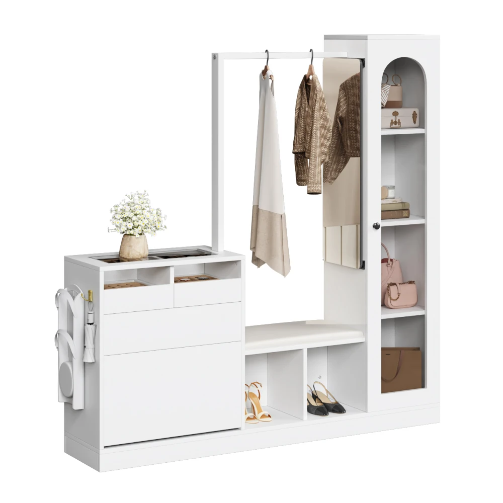 PINGGO 6-in-1 Eingangsbereich-Garderobenset mit LED-Beleuchtung Frisiertisch Schuhbank Klappschrank Glasvitrine Schminktisch – Detail 17