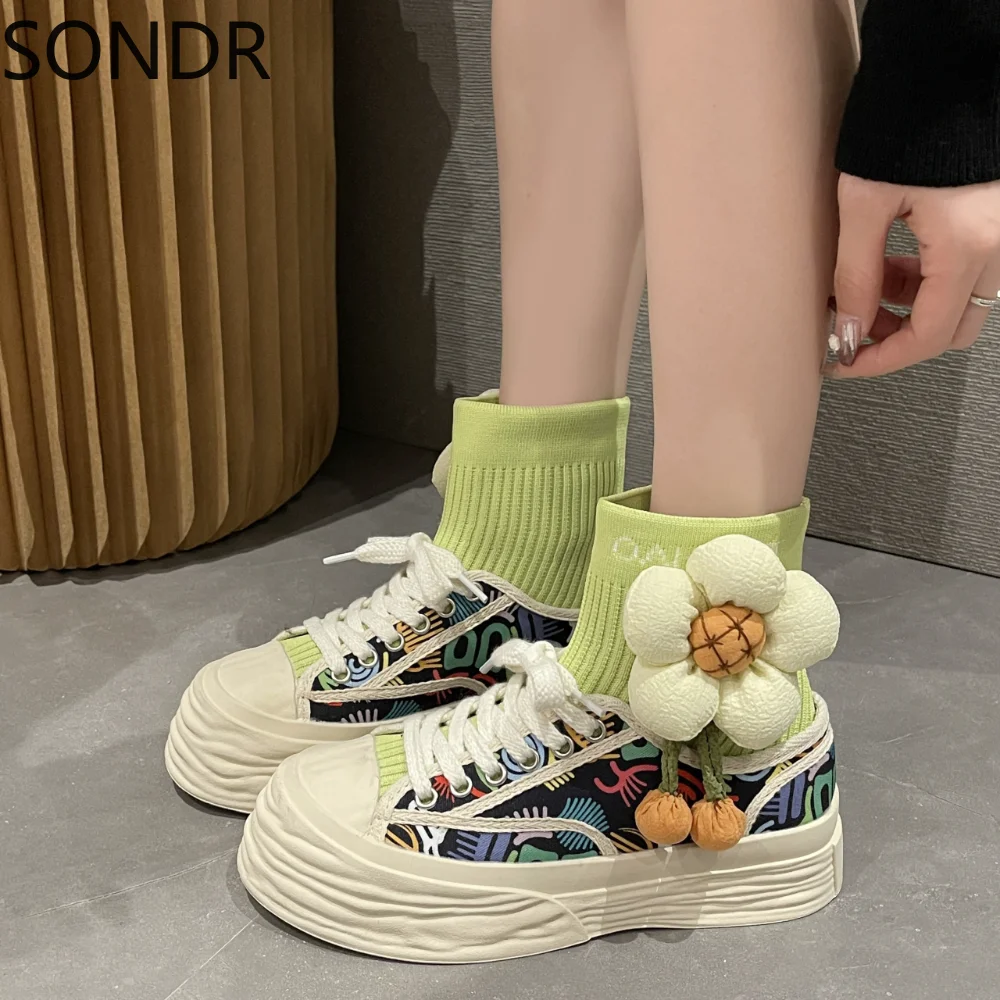

Womens Ankle Boots Flowers Sneakers Platform Lace Up Knitting Knits Tube Printed Mixed Colors Shoes Girls