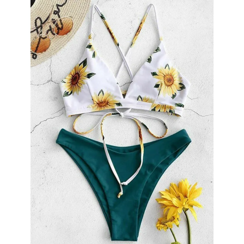 

Sunflower Printed Bikini Set Sexy Swimwear Women 2022 Mujer Push Up Padded Biquini Bathers Bandage Bathing Suit Swimsuit Bikini