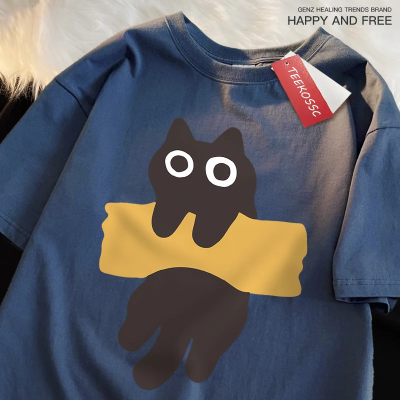 Fun Adhesive Tape Cat Print Japanese Style Short Sleeve Men Women Cotton Oversized T-Shirts Oversized O-Neck New Tops Tees