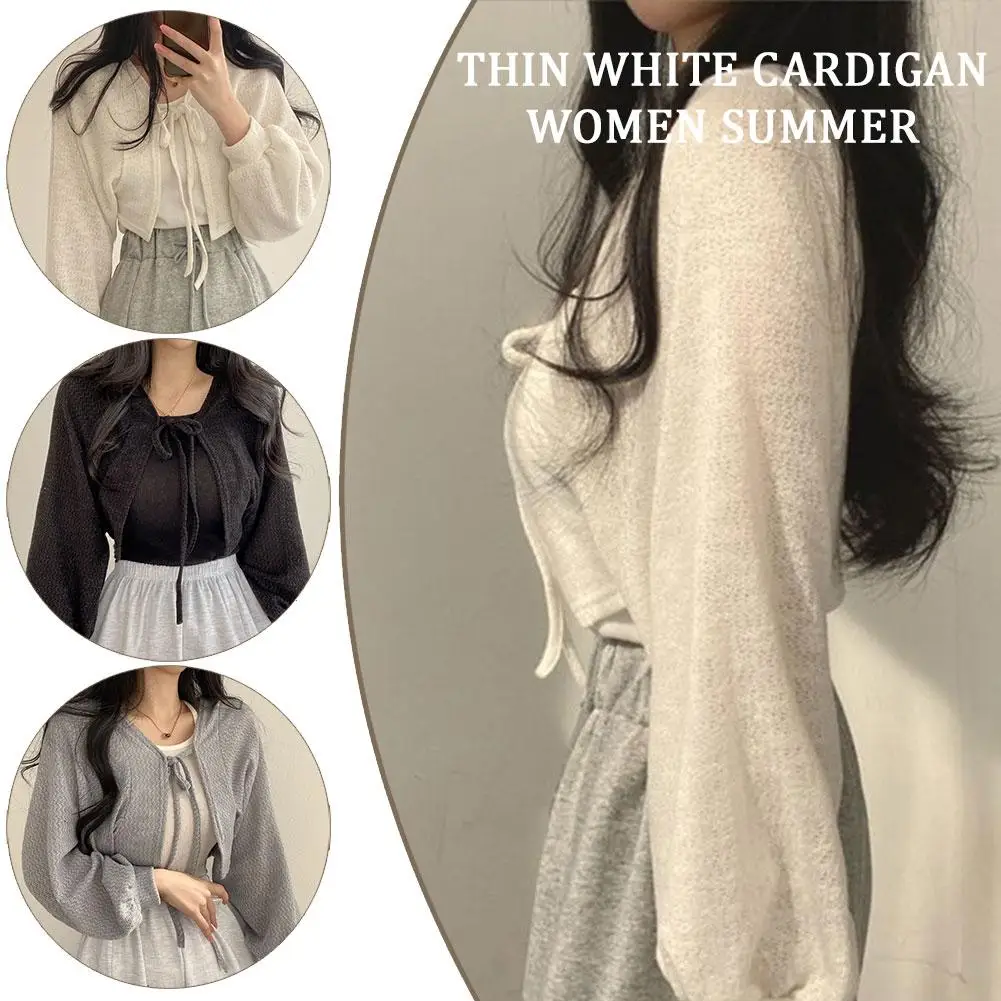 

Korean Style Cardigan Thin White Summer Sunscreen Lantern Casual Knitwear Top Color Coat Ladies Sleeves Elegant H9i2