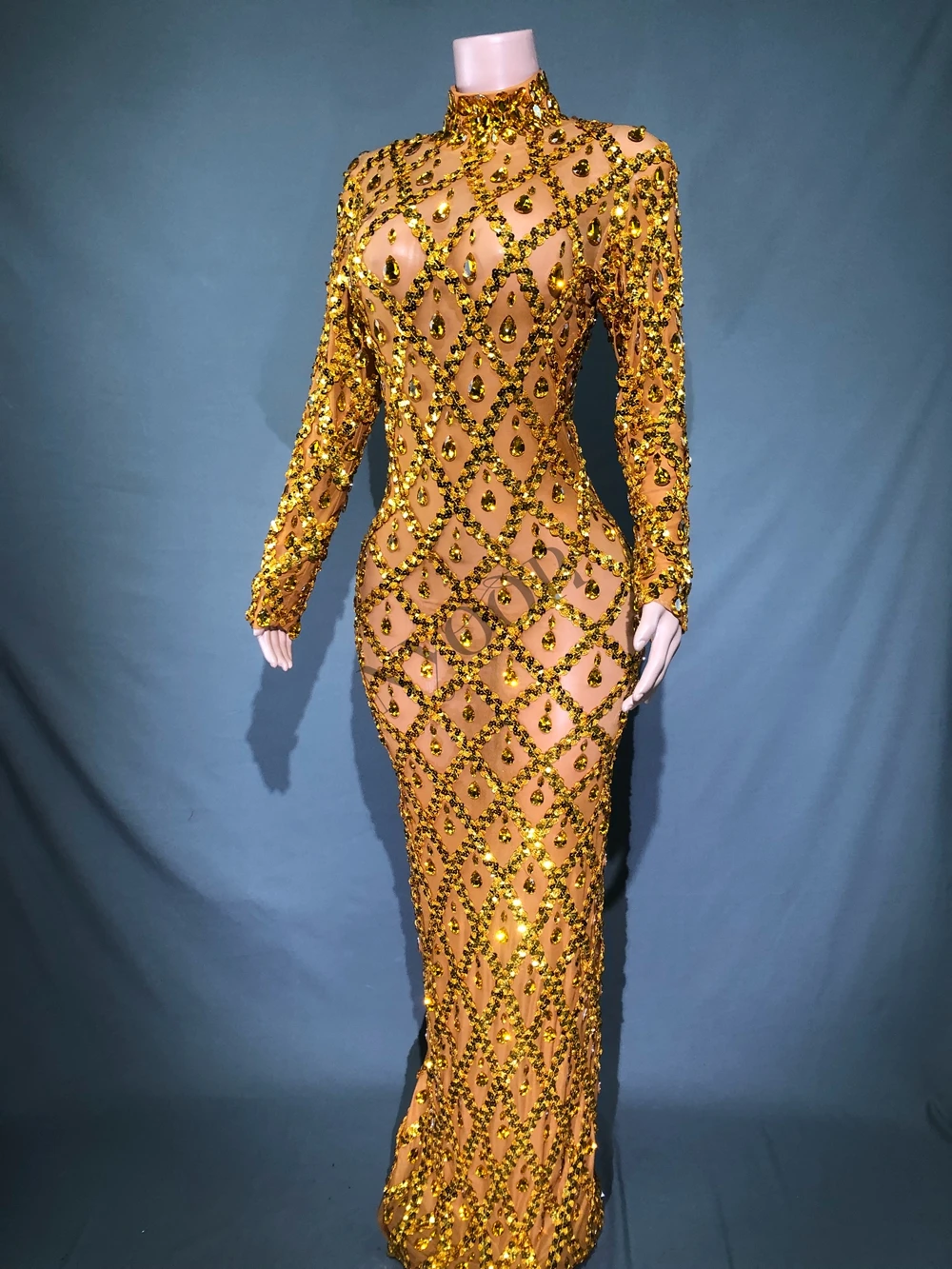 Rhinestones Sexy Evening Dance Dress Women Long Sleeve Sparkly Sequins Prom Birthday Performance Costume
