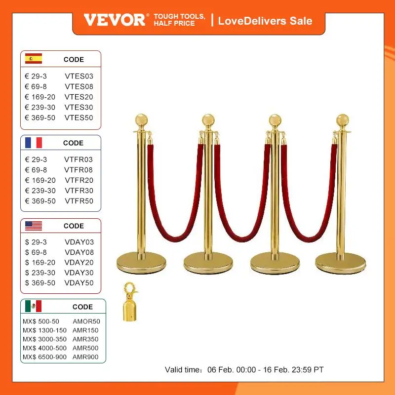 VEVOR-postes de Stanchion de oro y plata, cuerda de terciopelo rojo, barrera de línea de Control de multitudes con Base estable para suministros de fiesta, 38 pulgadas