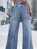 Women's Plus Size Jeans Pockets Denim Wide Leg Pants Button Vintage Streetwear Solid Casual Minimalist Jeans Trousers 2024 - Image 4
