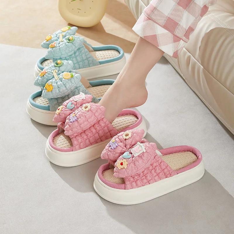 Hemp tow spring and summer cute bow female style outside the home to wear thick-bottomed latex linen slippers four seasons drag