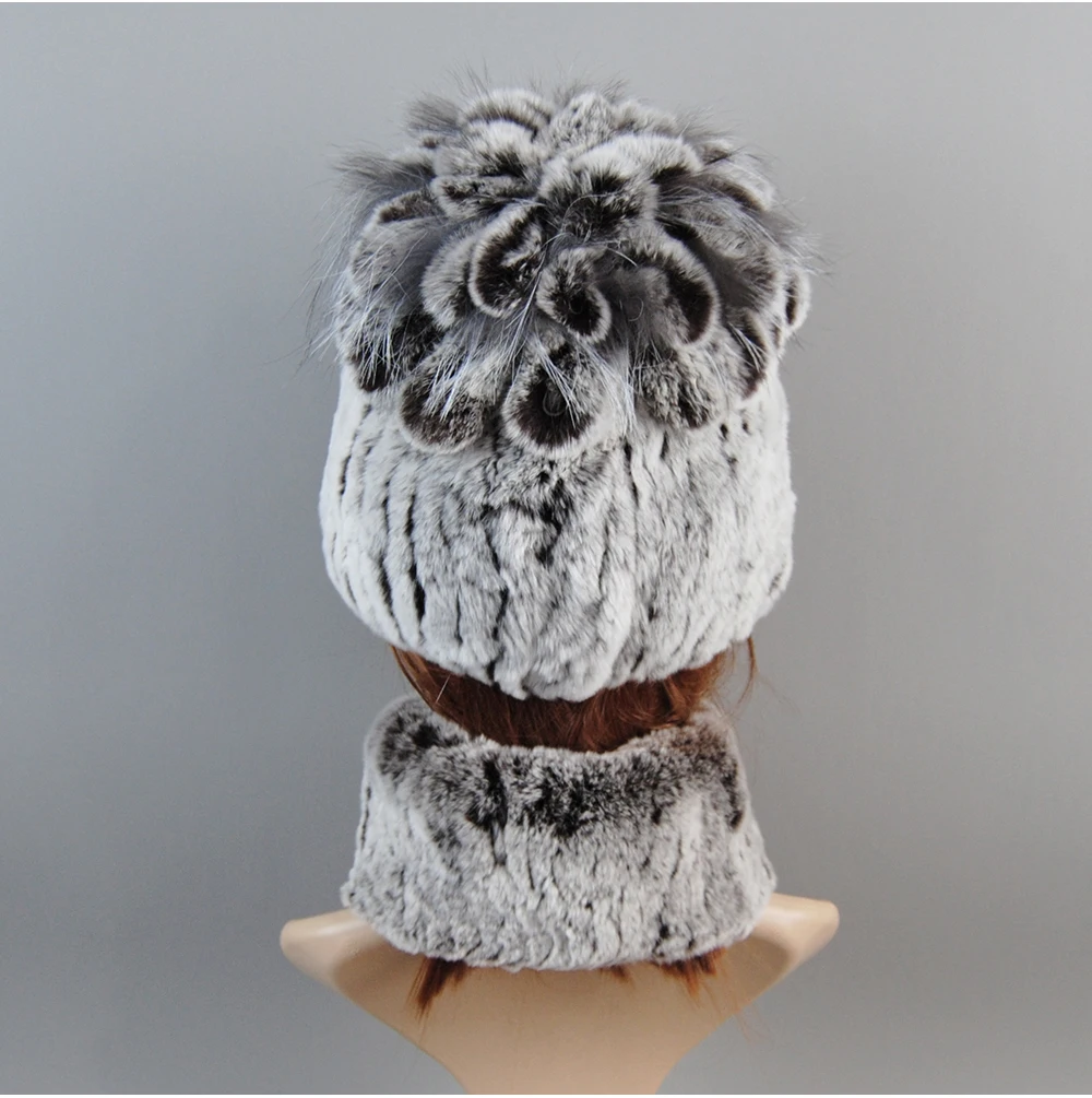 Real Rex Rabbit Fur Hat And Scarf Set Women Winter Knitted Beanie Hat Natural Fur Skullies Beanies Woman Hat Female Cap Elastic