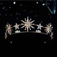 Vintage European 6-Point Star Wedding Crown Tiaras Gold Rhinestone Hair Jewelry Princess Women Headband Bridal Hair Accessories 6