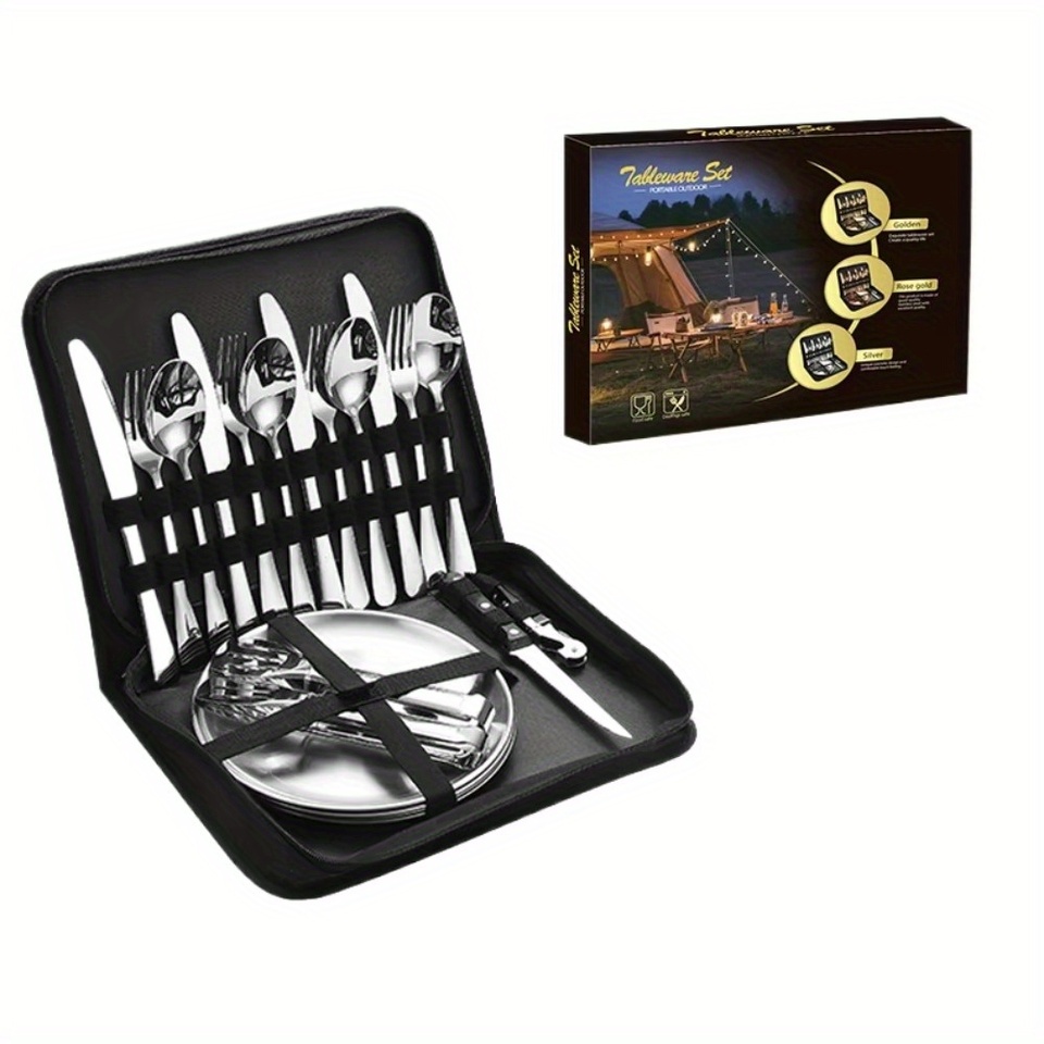 Stainless Steel Outdoor Camping Steak Knife Fork Spoon Cloth Bag Customized Dinnerware Set Home Goods