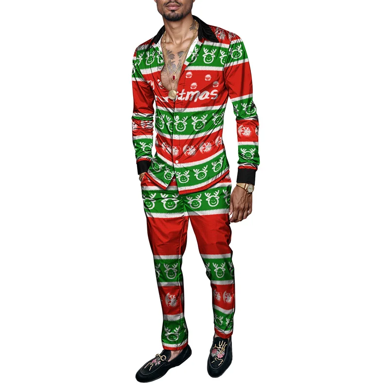 Christmas Printed Men's Shirt Set Two Piece Gingerbread Snowman_voghion.com