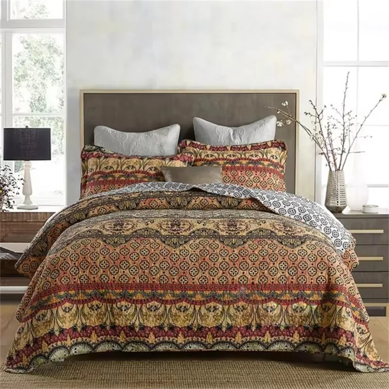 Copriletto trapuntato sul letto Set trapunta in cotone 3 pezzi Copriletto stampato Coperta di lino Coprimaterasso imbottito Trapunte Coprimaterasso - immagine 3
