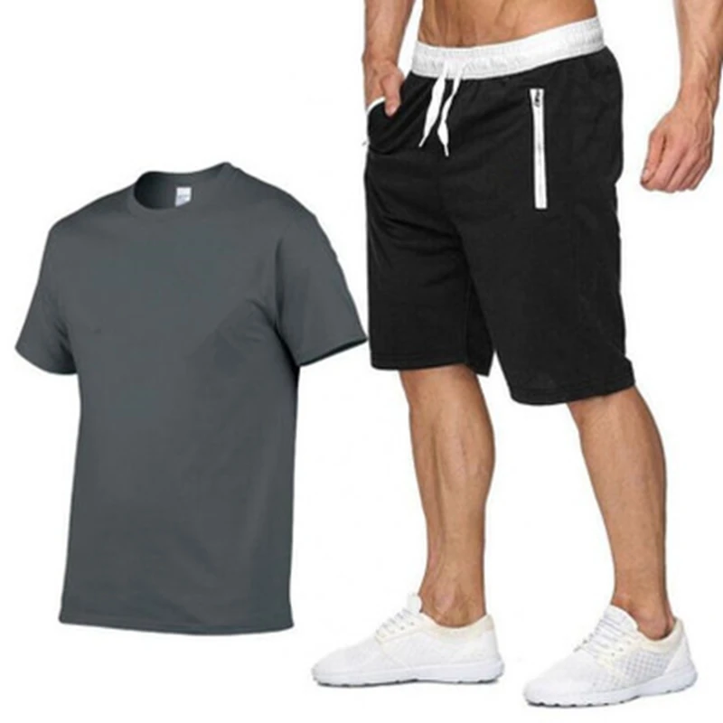 

2022 Cotton-hemp Summer 2021two Piece Set Men Short Sleeve T Shirt Cropped Top TZ1