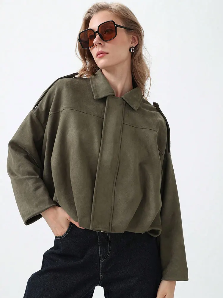 HH Women Vintage Solid Suede Coat Lapel Zipper Long Sleeve Bomber Jacket 2025 Autumn Female Casual Loose Maternity Outerwear