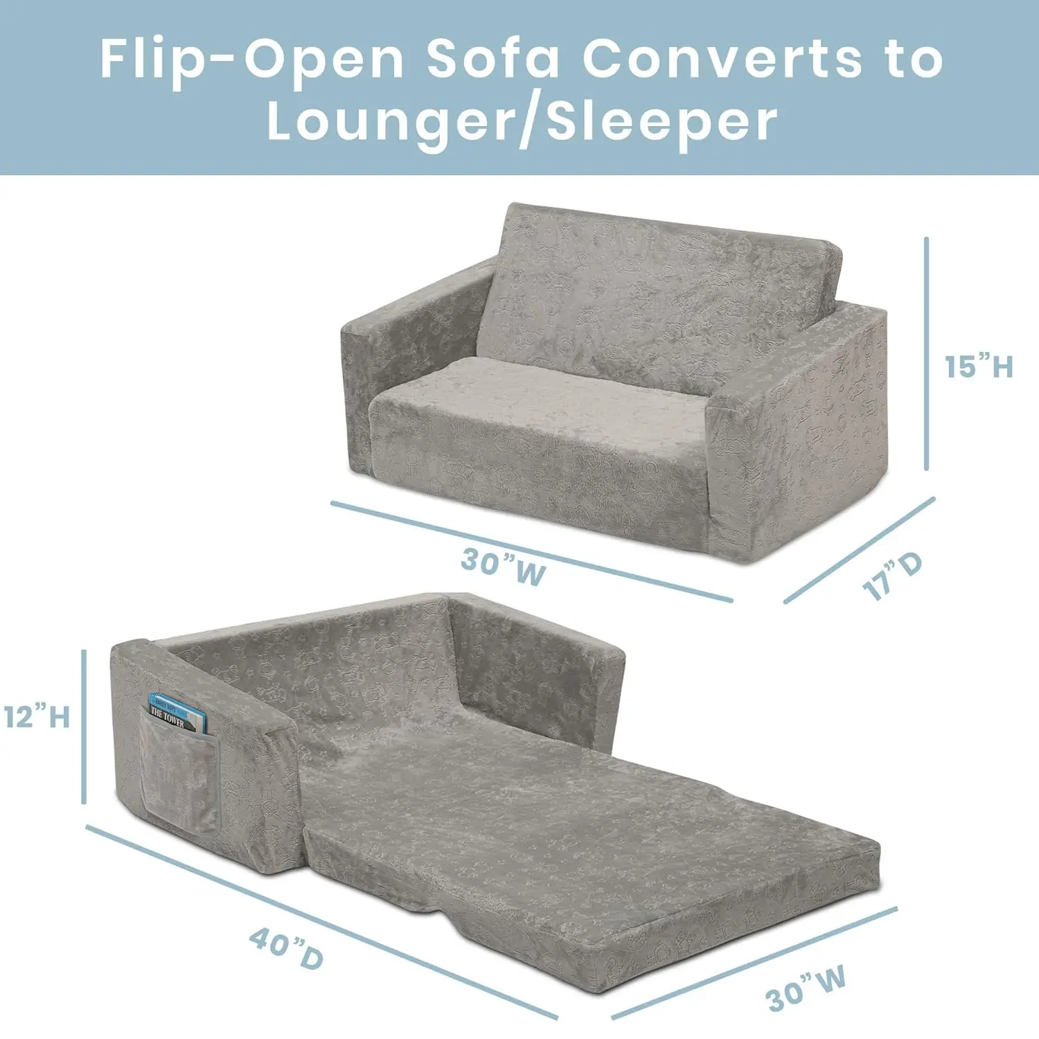 Extra Wide Convertible Sofa to Lounger - Comfy 2-in-1 Flip Open Couch/Sleeper for Kids 3