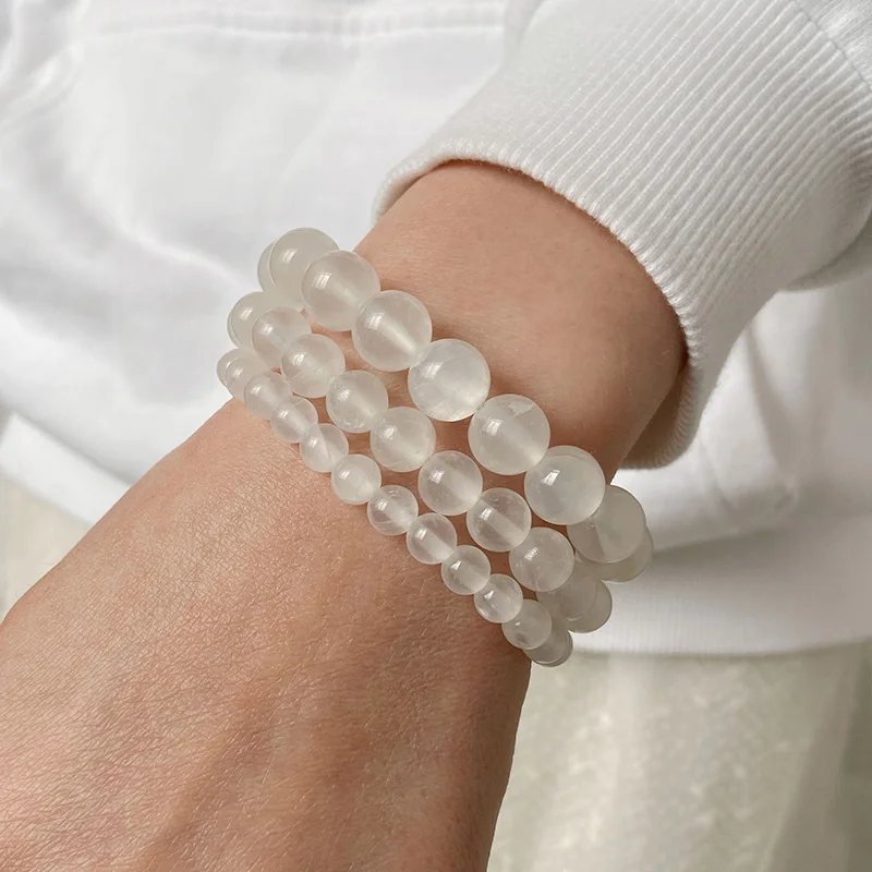 100% Natural Plaster Selenite Bracelet 6/8/10 mm Round White Fine AAA Stone Beads Bracelet Mineral Cat Eye Yoga Balance Jewelry