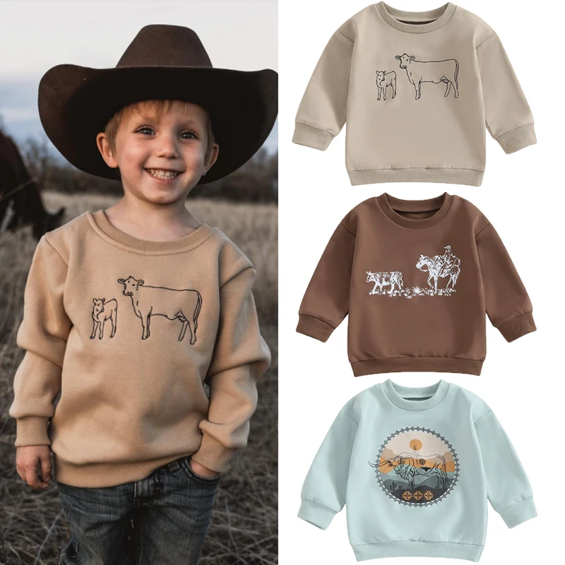 FOCUSNORM 0-4Y Autumn Infant Baby Boys Girls Western T Shirts Cow Cattle Print Long Sleeve Pullover Sweatshirt Tops