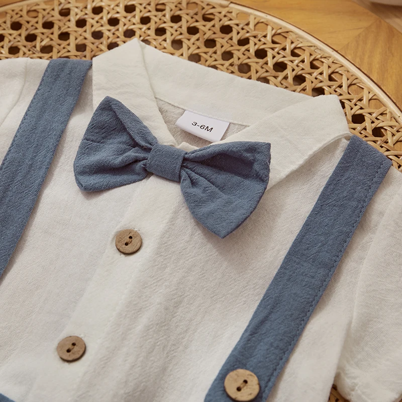 Fashion Summer Baby Boy Clothes Toddler Gentleman Outfits Short Sleeves Romper with Bow Tie Overalls Shorts Set for Formal Wear