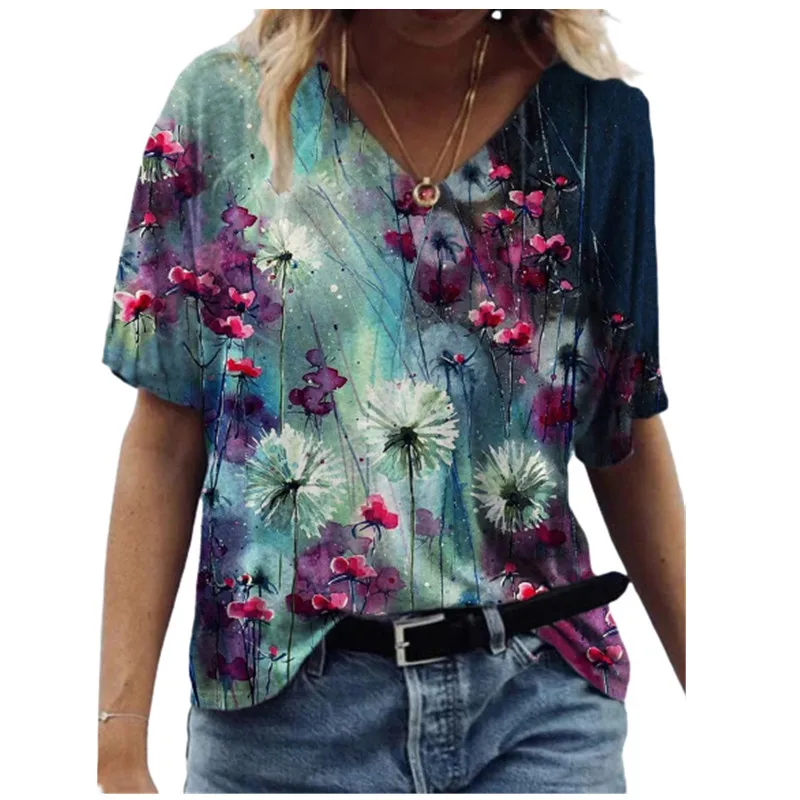 3D Tie Dye Sunflower Women Print Tops Summer 2021 New Fashion Ladies Short Sleeve V-Neck Casual T Shirt Loose Plus Size Tee Tops black and white striped shirt