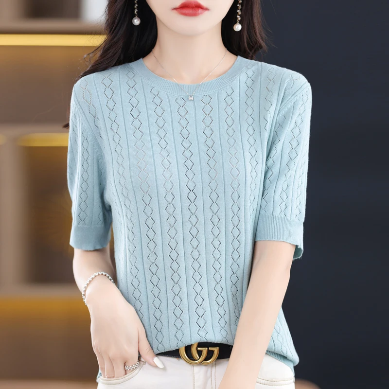 

Women's T-shirt Summer 100% Cotton Sweater Short Sleeve Casual Round Neck Ladies Tops Loose Blouse Hollow Pullover Tees