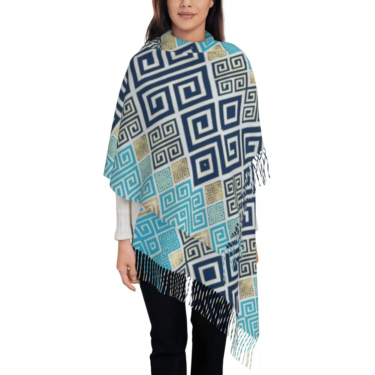 

Meander Pattern Scarf Wrap Women Long Winter Warm Tassel Shawl Unisex Greek Key Ornament Scarves