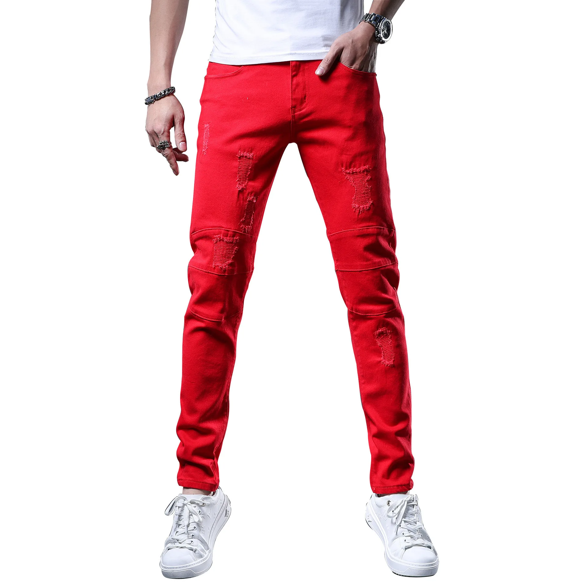 Men's Jeans New Yellow Red White Jeans Men Fashion Slim Fit Straight Pants Summer Streetwear Ripped Patch Denim Trousers