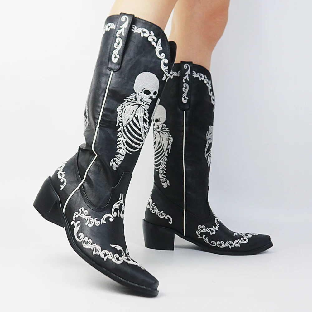 Plus Size 34-48 Designs New ladies' Boots Winter Autumn mid-calf Boots Women Embroidery Cool Shoes Woman Chunky High Heels Women