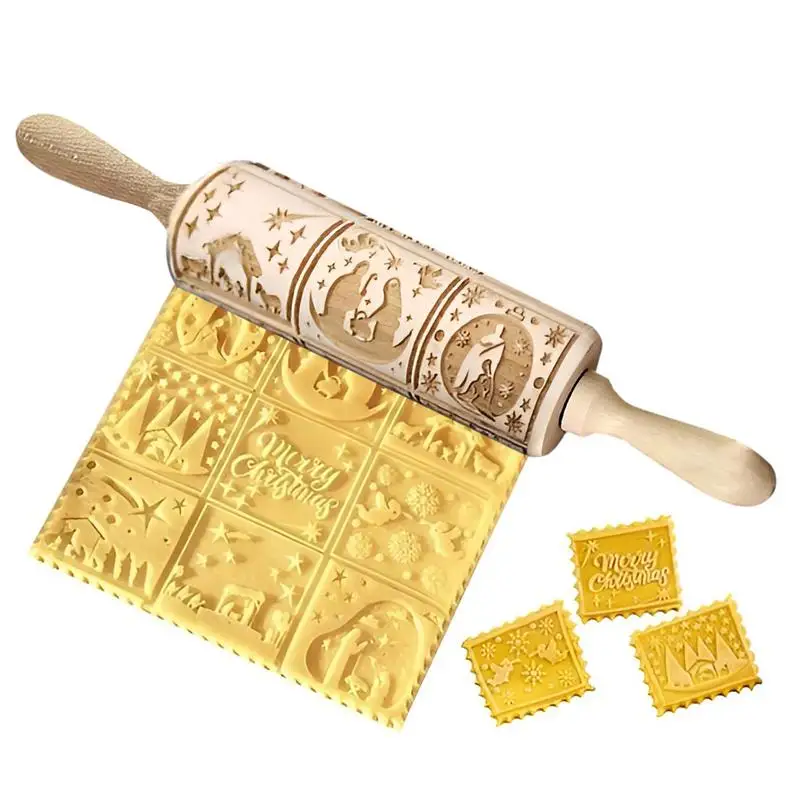 

Christmas Wooden Rolling Pin Bake Festive Cookies With Deep Printed Dough Roller Nine-Square Grid Jesus Carved Rolling Pin