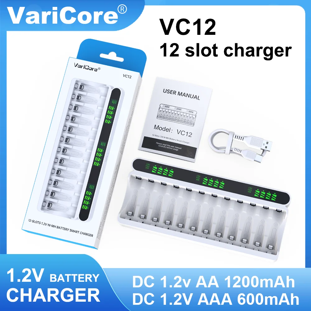 12 슬롯 충전식 배터리 충전기 VC12 1.2V USB 출력 Ni-MH AA AA..
