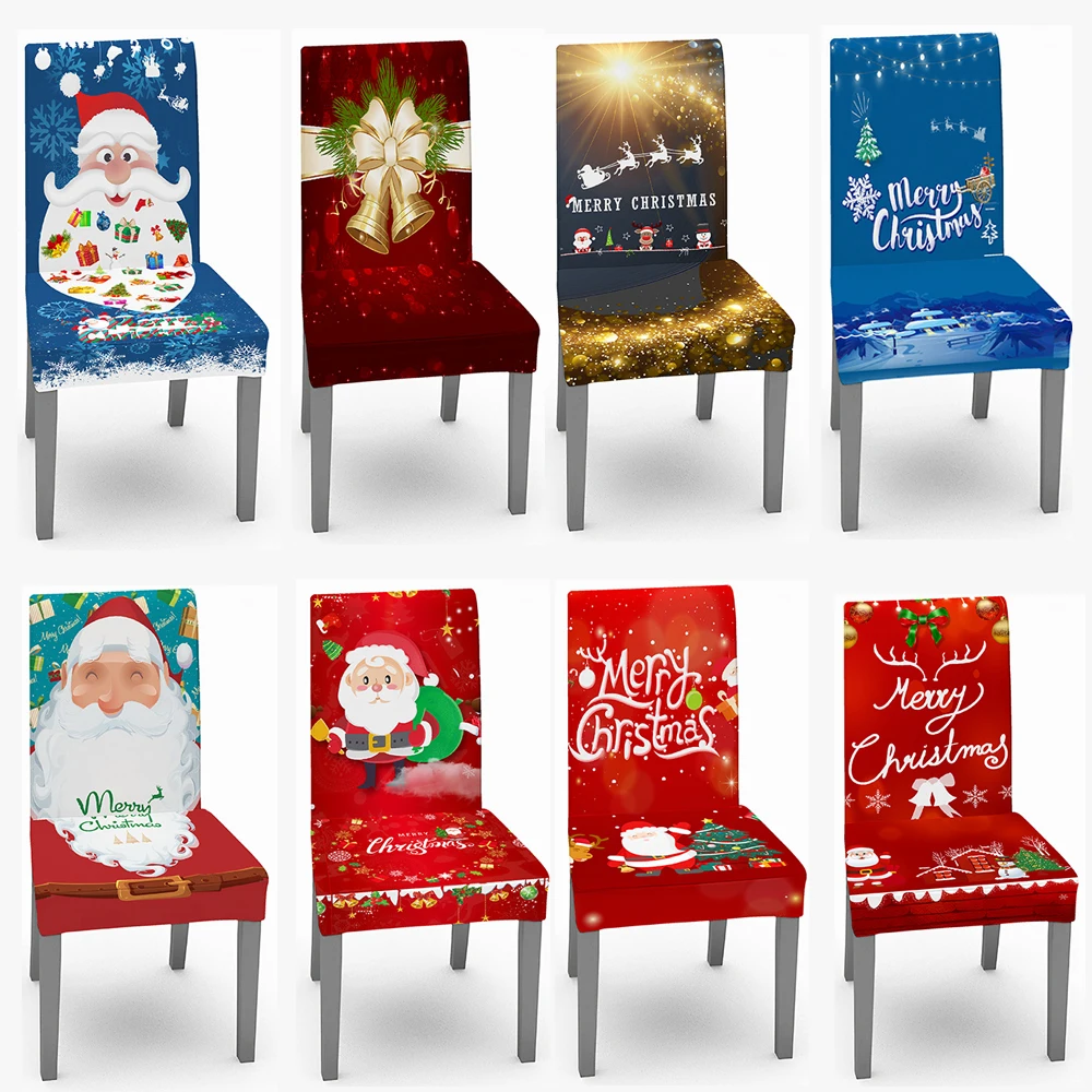 

Christmas Chair Covers Santa Printed Elastic Stretch Dining Room Chair Slipcover Kitchen Seat Cover Spandex Home navidad Decor