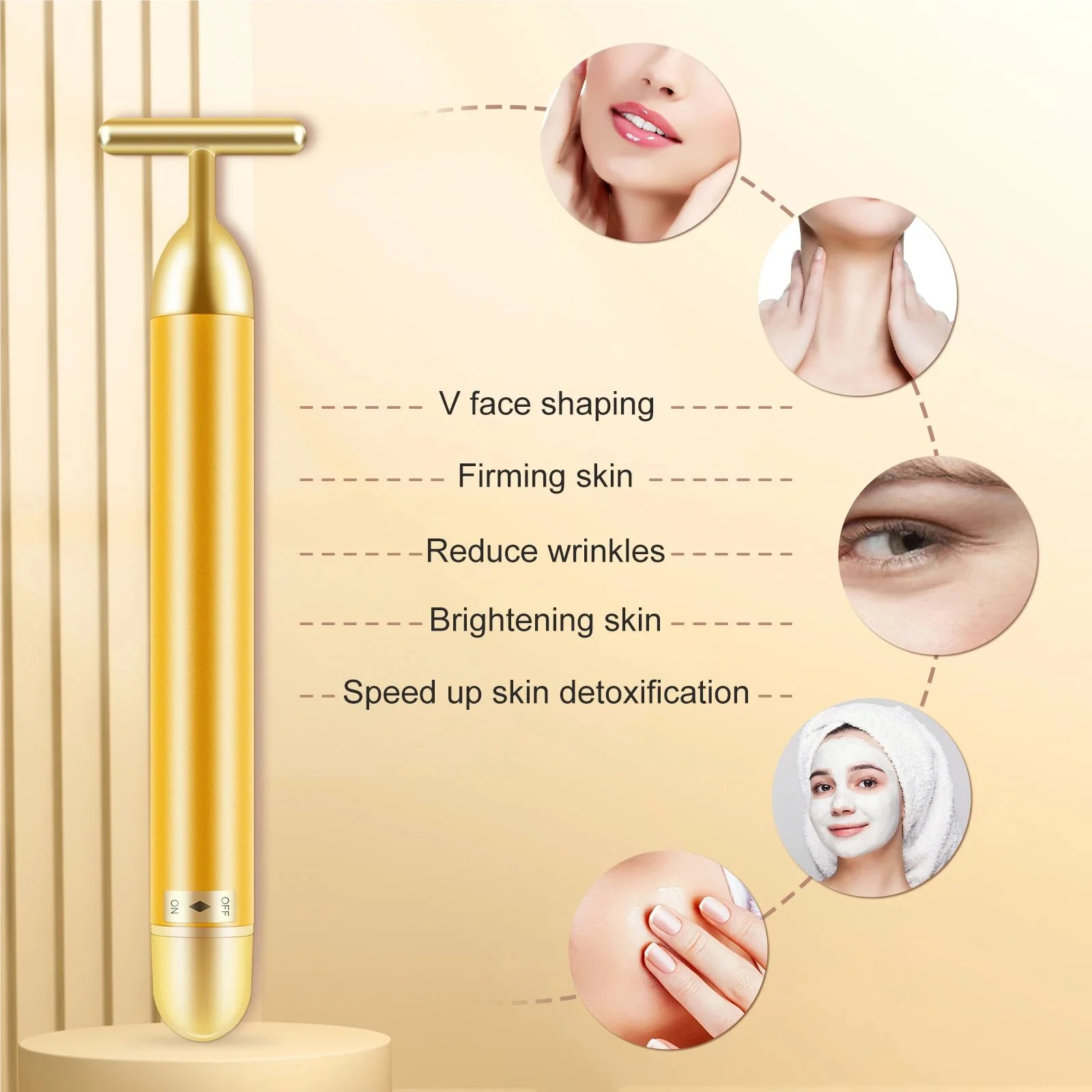 Energy 24K Gold T Beauty Bar Facial Roller Massager T-Shape Lips Tattoo Fog Eyebrow and Lip Pulse Firming Face Massage Lift Tool