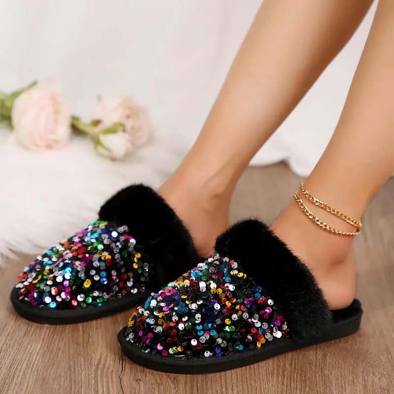 Luxuriöse pelzige Hausschuhe aus Paillettenstoff für Damen, 2025, Winter, flauschiges Fell, bequeme Wohnungen, Hausschuhe für Damen, warme Plüsch-Slides